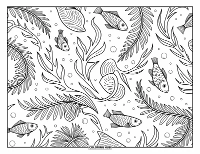 Coloriage de plage pour adultes : Une scène sous-marine détaillée avec vrilles d'algues et poissons espiègles
