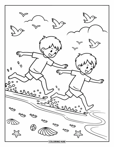 Coloriage de plage pour adultes : Des meilleurs amis courent le long de la plage en laissant de petites empreintes