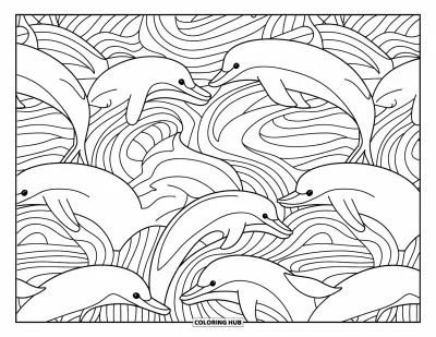 Coloriage de plage pour adultes : Des dauphins se fondent dans des vagues tourbillonnantes dans une superbe scène océanique détaillée