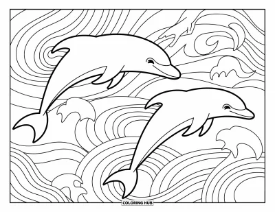 Coloriage de plage pour adultes : D'élégants dauphins bondissent à travers des vagues tourbillonnantes et raffinées