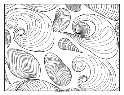 Coloriage de plage pour adultes : D'élégantes vagues océaniques tournoient en un motif de coquillage complexe et envoûtant