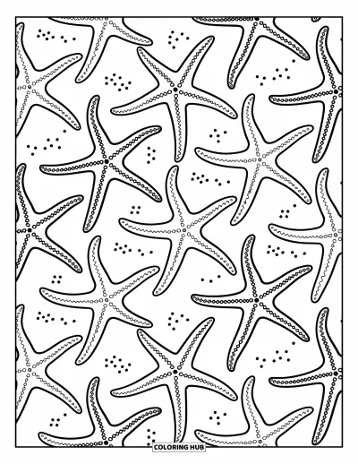 Coloriage de plage pour adultes : Des motifs d'étoiles de mer finement dessinés, entourés de grains de sable flottants