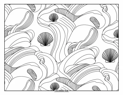 Coloriage de plage pour adultes : Des vagues océaniques tourbillonnantes s'enroulent avec élégance autour de détails de coquillages complexes
