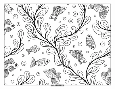 Coloriage de plage pour adultes : Des algues ondulantes et des poissons tropicaux créent un motif sous-marin artistique