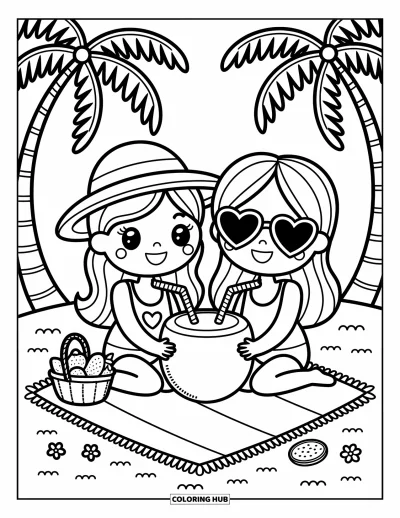 Coloriage de plage pour adultes : Deux meilleurs amis partagent une boisson à la noix de coco assis sur une serviette de plage