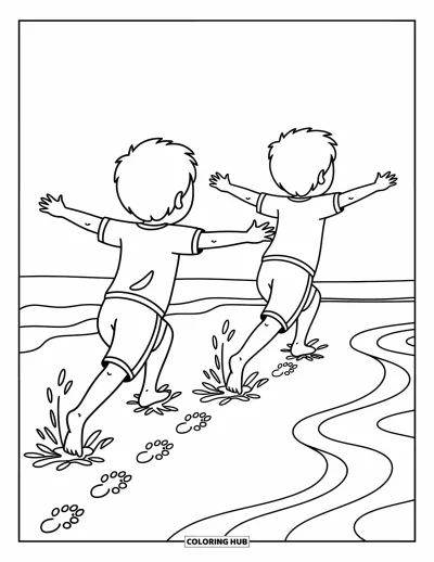 Coloriage de plage pour adultes : Deux garçons font la course le long du rivage en éclaboussant les vagues
