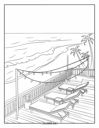 Coloriage de plage pour enfants : Une terrasse de toit en bord de mer avec assises confortables et vue parfaite sur l'océan
