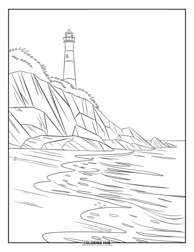 Coloriage de plage pour enfants : Un phare en bord de plage surplombant l'océan, entouré de falaises et de verdure