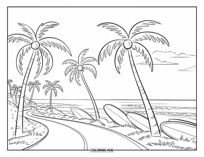 Coloriage de plage pour enfants : Une belle route côtière avec des palmiers et des planches de surf posées près de la plage