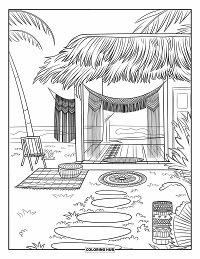 Coloriage de plage pour enfants : Une maison de plage style bohème avec des meubles en bois et une ambiance relaxante au bord de la mer