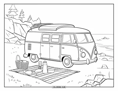 Coloriage de plage pour enfants : Un van de camping près de l'océan, entouré d'une scène de pique-nique et de nature