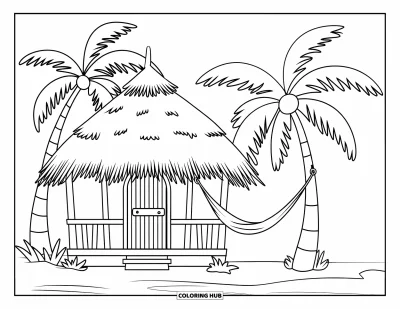 Coloriage de plage pour enfants : Une charmante cabane de plage avec une porte en bois et un hamac suspendu à côté
