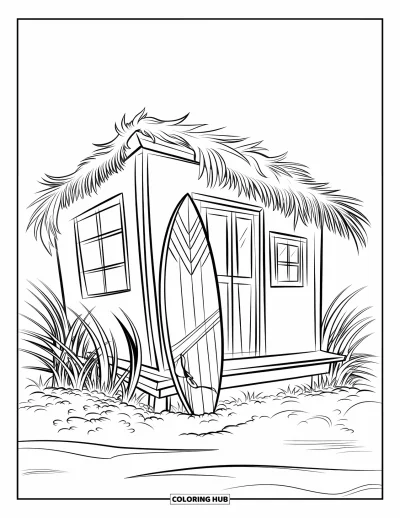 Coloriage de plage pour enfants : Une charmante cabane de plage avec fenêtres, toit en chaume et planche de surf posée à côté