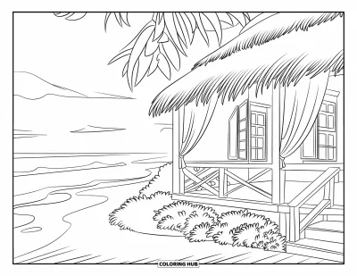 Coloriage de plage pour enfants : Un charmant cottage en bord de plage entouré de palmiers et de douces vagues