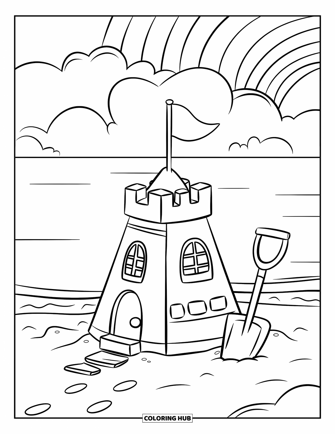 Strand Kleurplaat voor Kinderen: Een charmant zandkasteel met een vlag, een schep en een vredig uitzicht op de oceaan