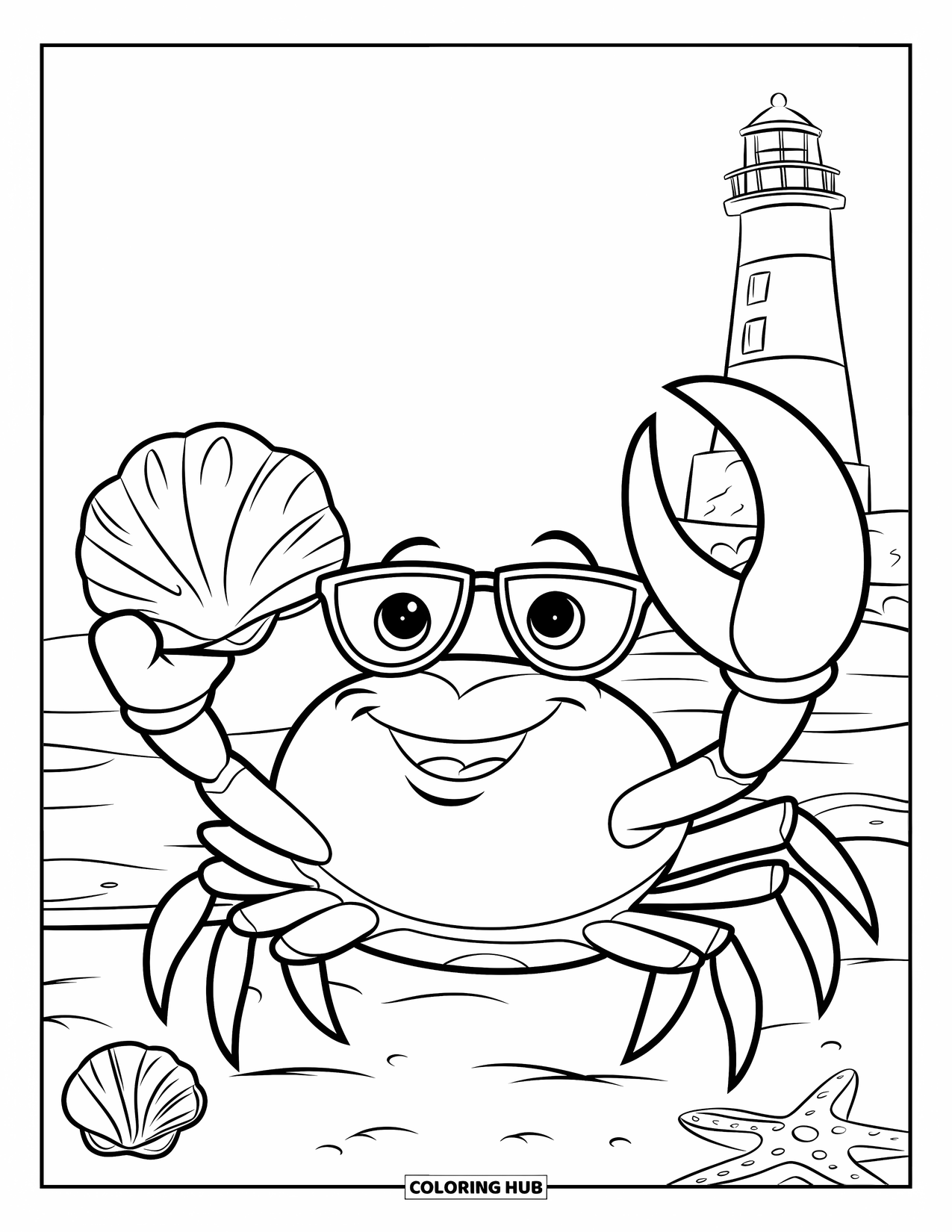 Strand Kleurplaat voor Kinderen: Een vrolijke krab met een zonnebril houdt een schelp vast op het zandstrand