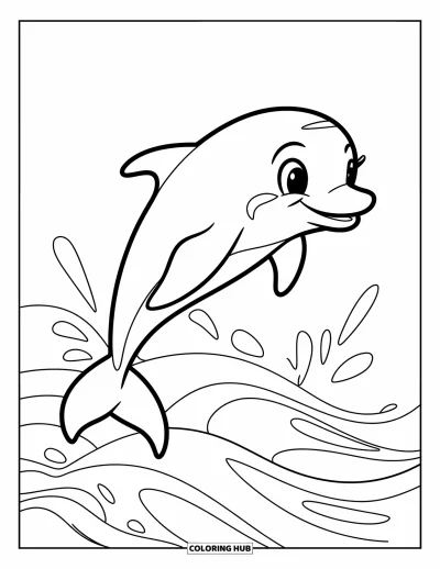 Coloriage de plage pour enfants : Un dauphin joyeux saute au-dessus de vagues douces avec un grand sourire