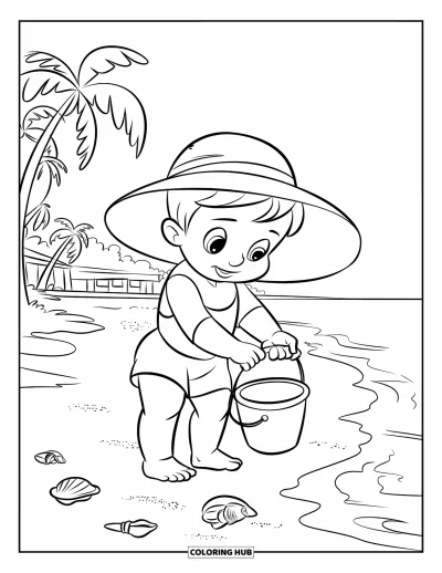 Coloriage de plage pour enfants : Un enfant avec un chapeau de soleil ramasse des coquillages le long du rivage