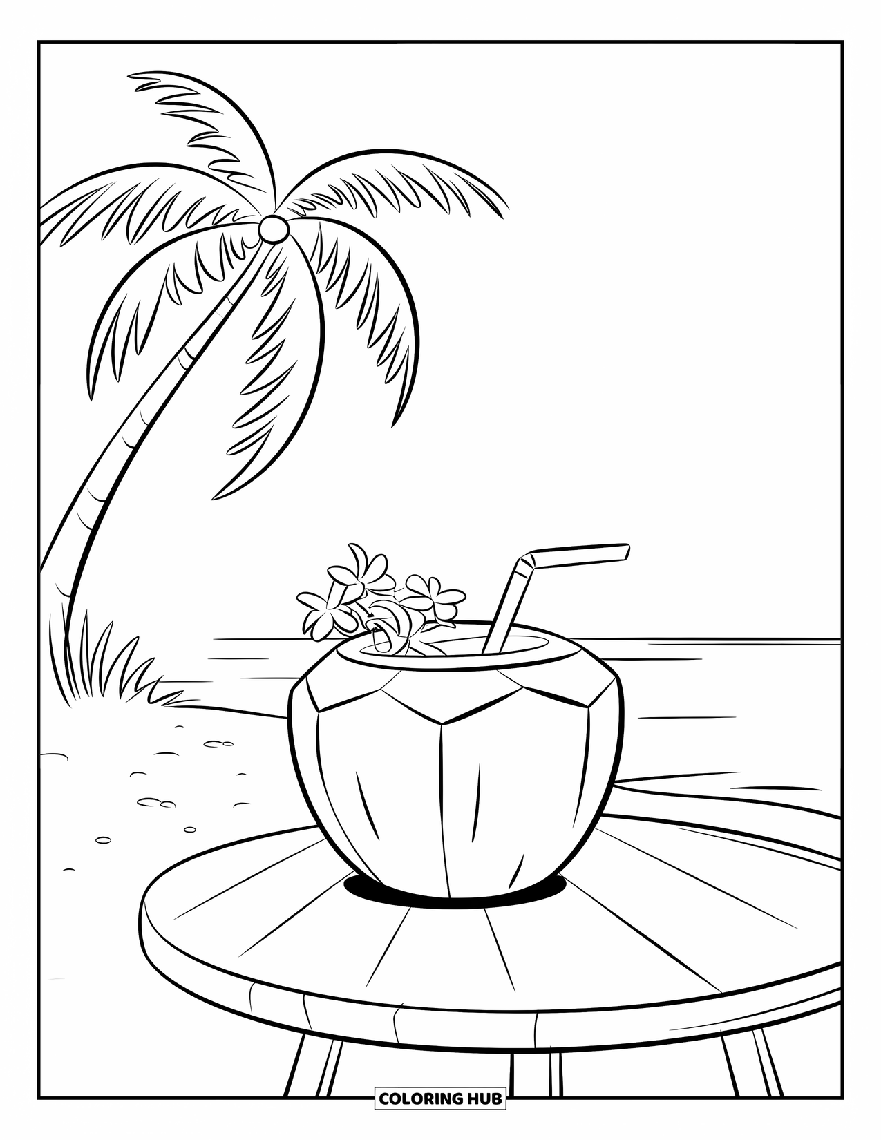Strand Kleurplaat voor Kinderen: Een kokosnootdrankje met kleine bloemen staat op een tafel aan het strand