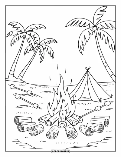 Coloriage de plage pour enfants : Un feu de camp de plage chaleureux avec des sièges en bois flotté, une tente et des guimauves sur des bâtons