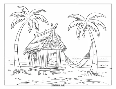 Coloriage de plage pour enfants : Une cabane de plage chaleureuse avec toit de chaume et hamac qui se balance entre les palmiers