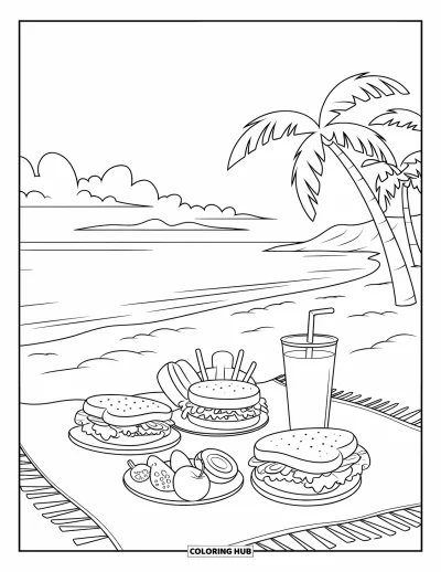 Coloriage de plage pour enfants : Un pique-nique de plage confortable avec sandwiches, fruits et boisson rafraîchissante