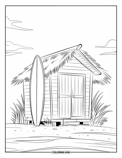 Coloriage de plage pour enfants : Une cabane de plage douillette avec toit de chaume et planche de surf appuyée contre le mur