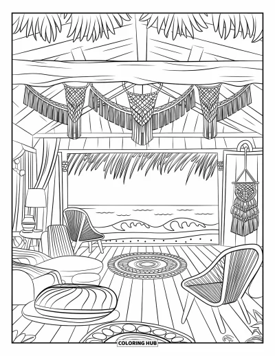 Coloriage de plage pour enfants : Une maison de plage bohème accueillante avec tapis tissés et décor en macramé