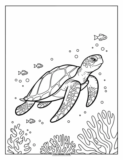 Coloriage de plage pour enfants : Une tortue de mer curieuse explore un récif rempli de coraux et de petits poissons