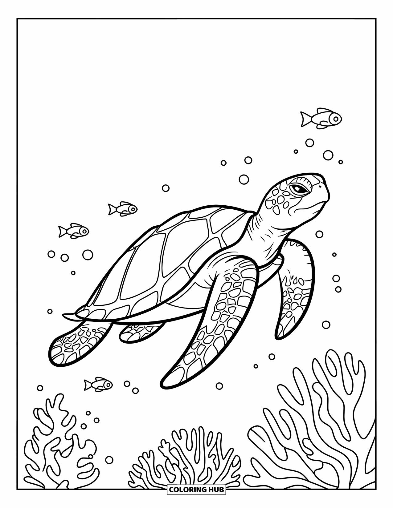 Strand Kleurplaat voor Kinderen: Een nieuwsgierige zeeschildpad verkent een rif vol koraal en kleine vissen