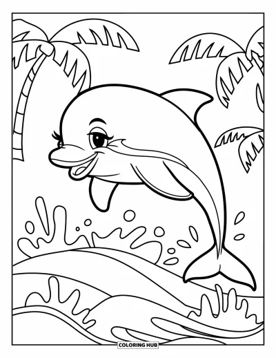 Coloriage de plage pour enfants : Un adorable dauphin bondit joyeusement au-dessus de l'eau avec une expression heureuse