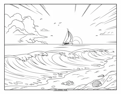 Coloriage de plage pour enfants : Un voilier lointain à l'horizon, encadré par des vagues puissantes et du sable doux