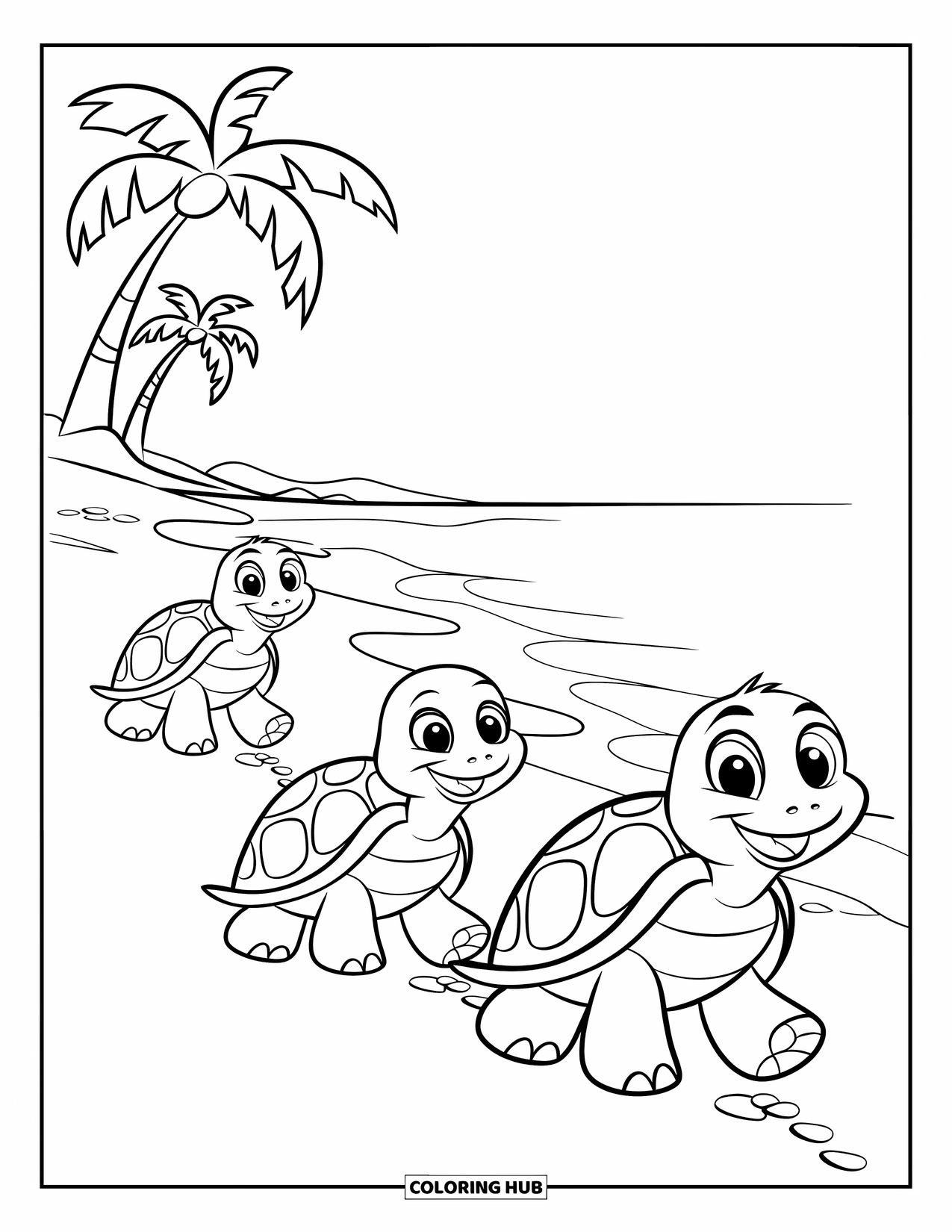 Strand Kleurplaat voor Kinderen: Een familie schildpadden wandelt over het strand onder de zon
