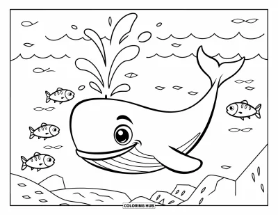 Coloriage de plage pour enfants : Une baleine amicale souffle de l'eau avec joie en nageant dans l'océan