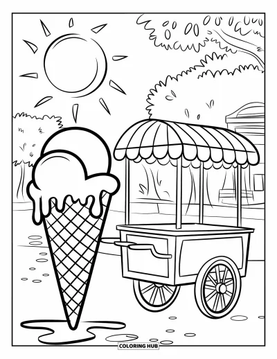 Coloriage de plage pour enfants : Une amusante charrette de glaces avec un cornet qui fond pendant une journée chaude