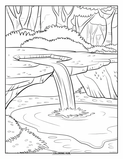 Coloriage de plage pour enfants : Une douce cascade se jette dans un lagon sablonneux, encadré d'arbres tropicaux et de rochers