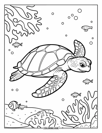 Coloriage de plage pour enfants : Une tortue de mer gracieuse glisse près des coraux et des petits poissons dans l'océan