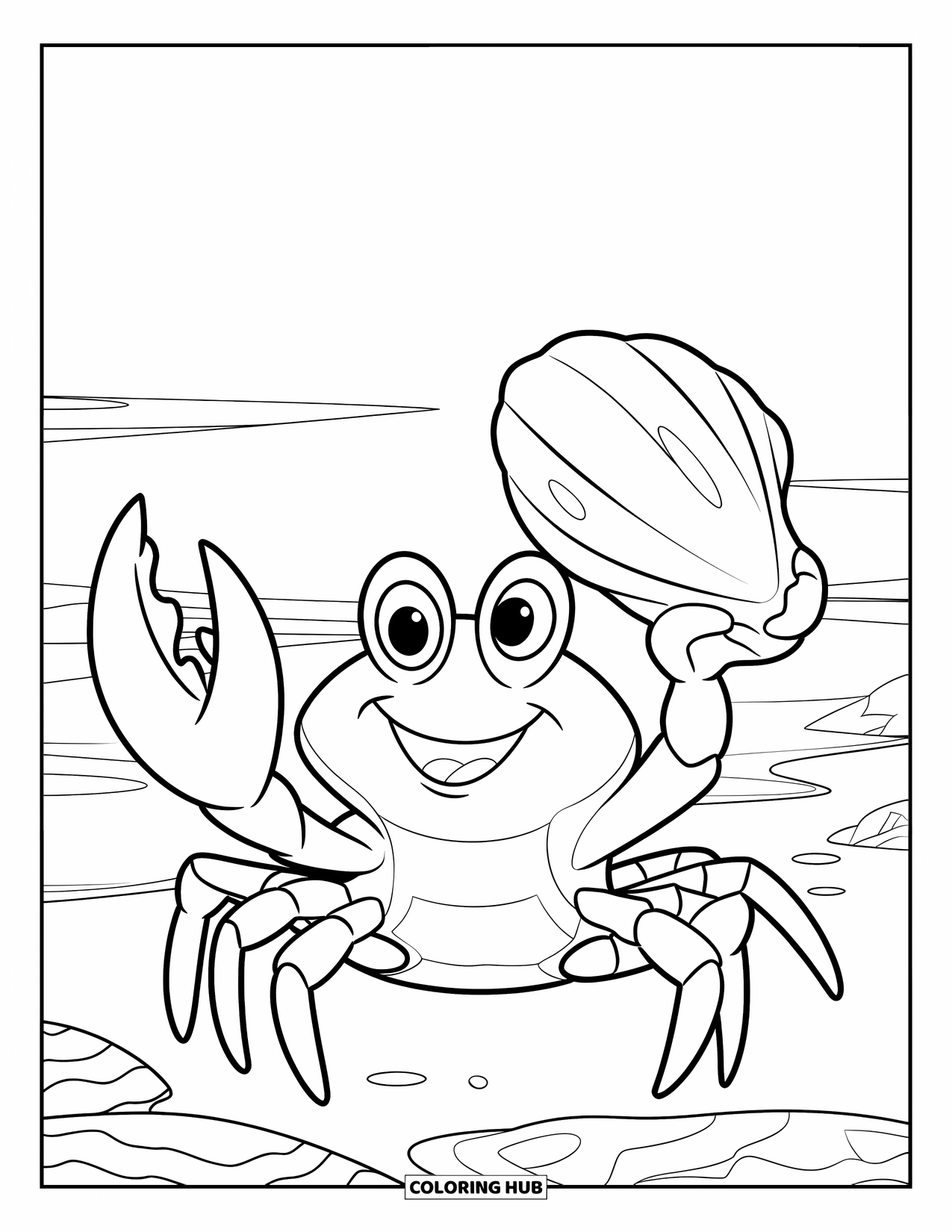 Strand Kleurplaat voor Kinderen: Een grijnzende krab houdt trots een schelp vast op een vredig strand