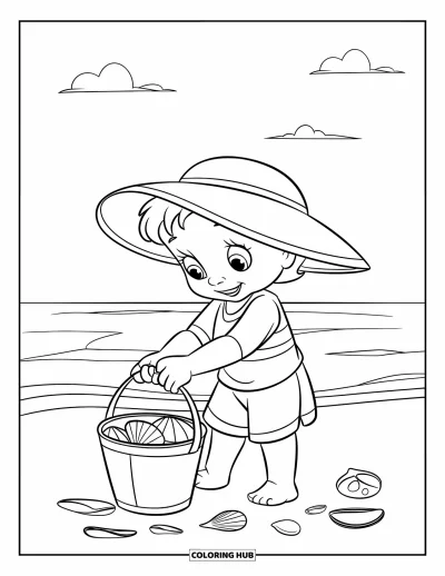 Coloriage de plage pour enfants : Un enfant heureux trouve des coquillages en jouant dans le sable