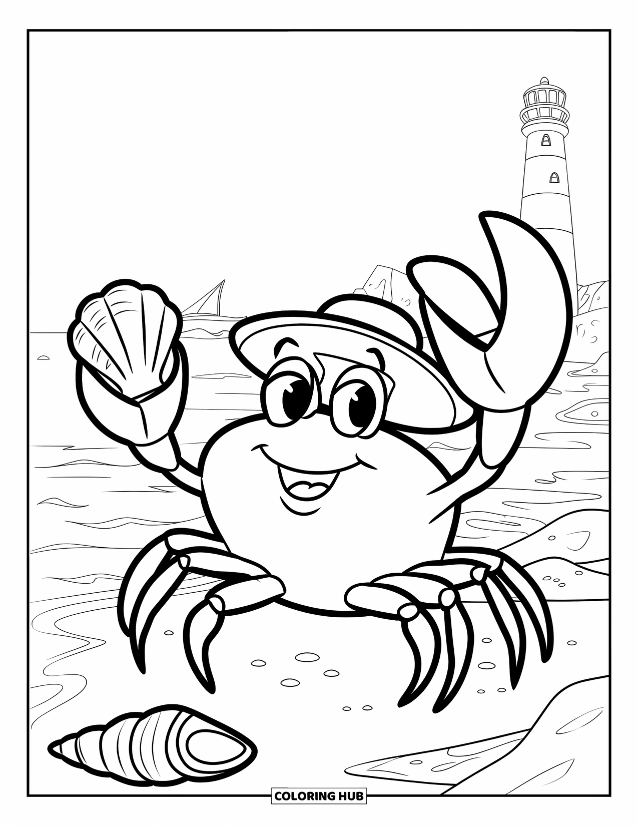 Strand Kleurplaat voor Kinderen: Een blije krab met een hoed houdt een schelp vast in de buurt van een vuurtoren en een boot