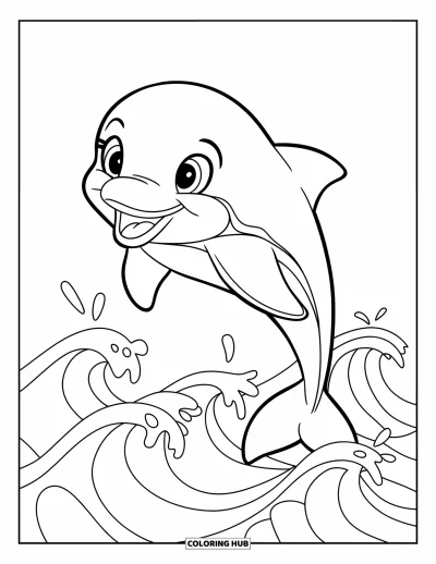 Coloriage de plage pour enfants : Un dauphin joyeux saute au-dessus de l'océan en éclaboussant les vagues