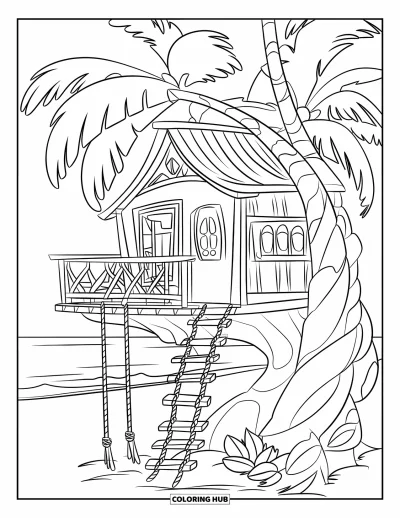 Coloriage de plage pour enfants : Une cabane perchée cachée avec balcon en bois et échelles de corde près de la plage