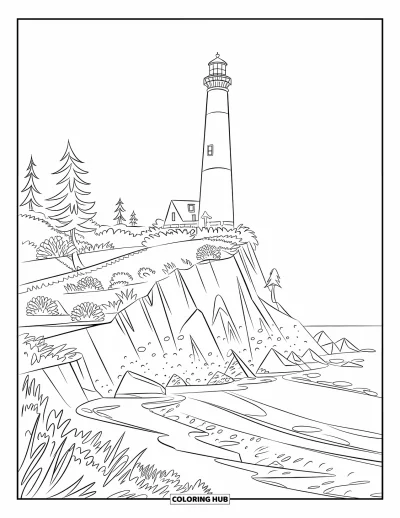 Coloriage de plage pour enfants : Un phare perché sur une falaise rocheuse, guidant les bateaux sur le vaste océan