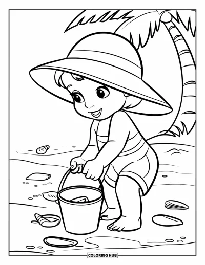 Coloriage de plage pour enfants : Un petit explorateur ramasse des coquillages avec un seau sur la plage