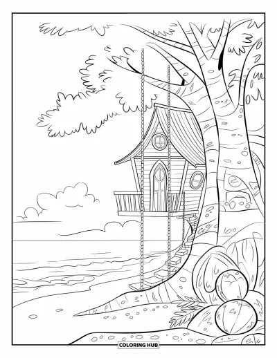 Coloriage de plage pour enfants : Une cabane perchée magique près d'une plage, entourée de palmiers et de vues sur l'océan