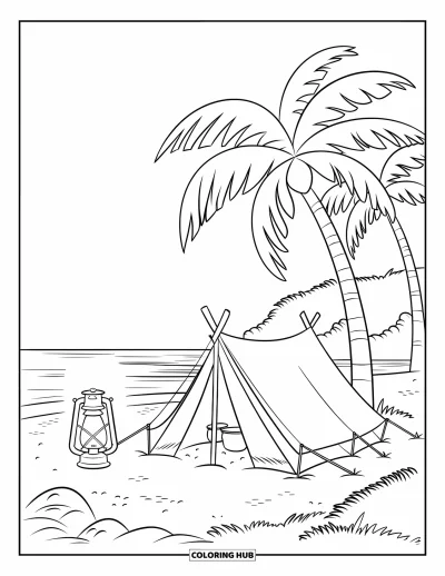 Coloriage de plage pour enfants : Un campement paisible sur la plage avec une tente confortable et une lanterne brillante au crépuscule