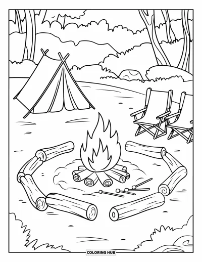 Coloriage de plage pour enfants : Un feu de camp paisible près de la plage, entouré de bûches et d'un feu éclatant
