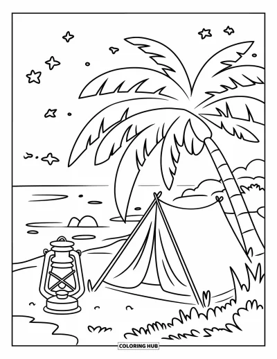 Coloriage de plage pour enfants : Un campement paisible près de l'océan avec une tente sous les palmiers