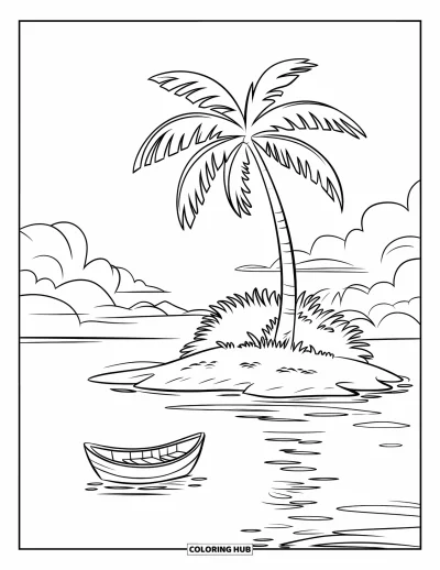 Coloriage de plage pour enfants : Une île paisible avec un palmier et une petite barque qui flotte doucement sur les vagues