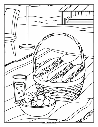 Coloriage de plage pour enfants : Un pique-nique au bord de l'océan avec sandwiches, fruits et boisson sur une couverture à carreaux
